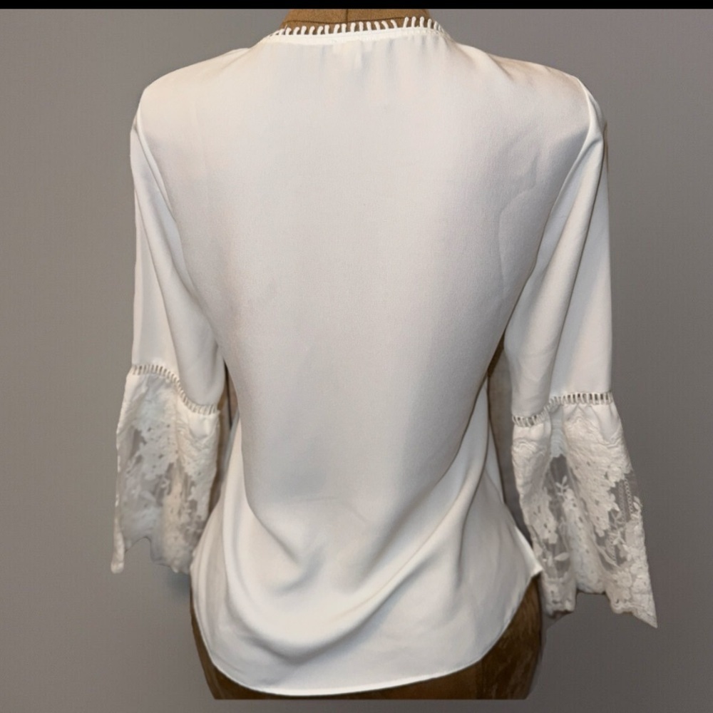 REBA White Blouse With Lace Trim & Sleeves, Silky, Bell Sleeves Top western S​​ - Picture 2 of 11